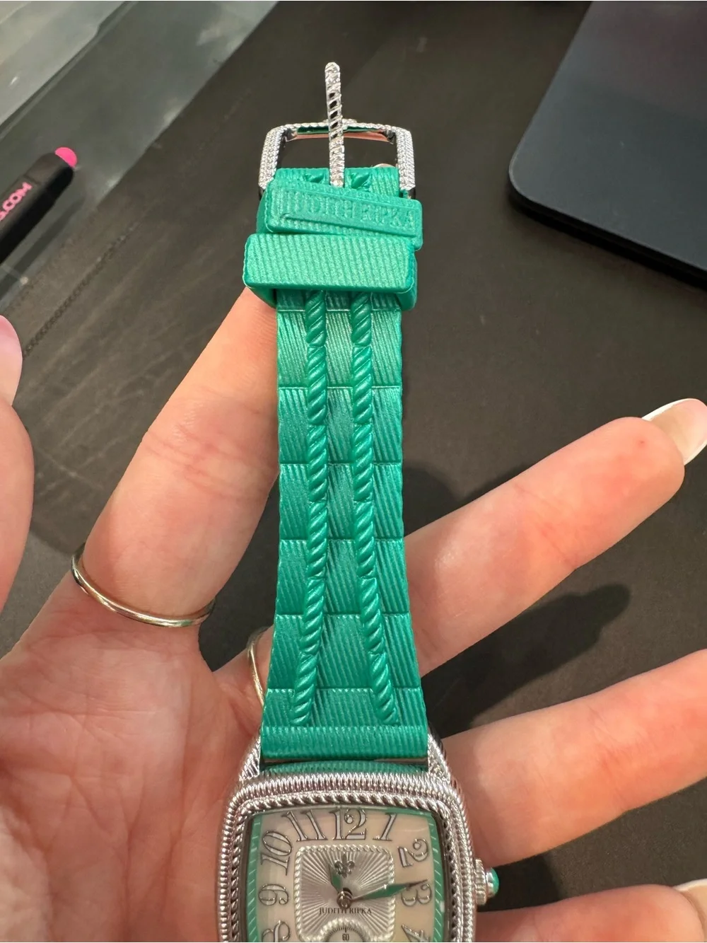 New Judith Ripka Women's Square Mother of Pearl Watch teal Silicone Band